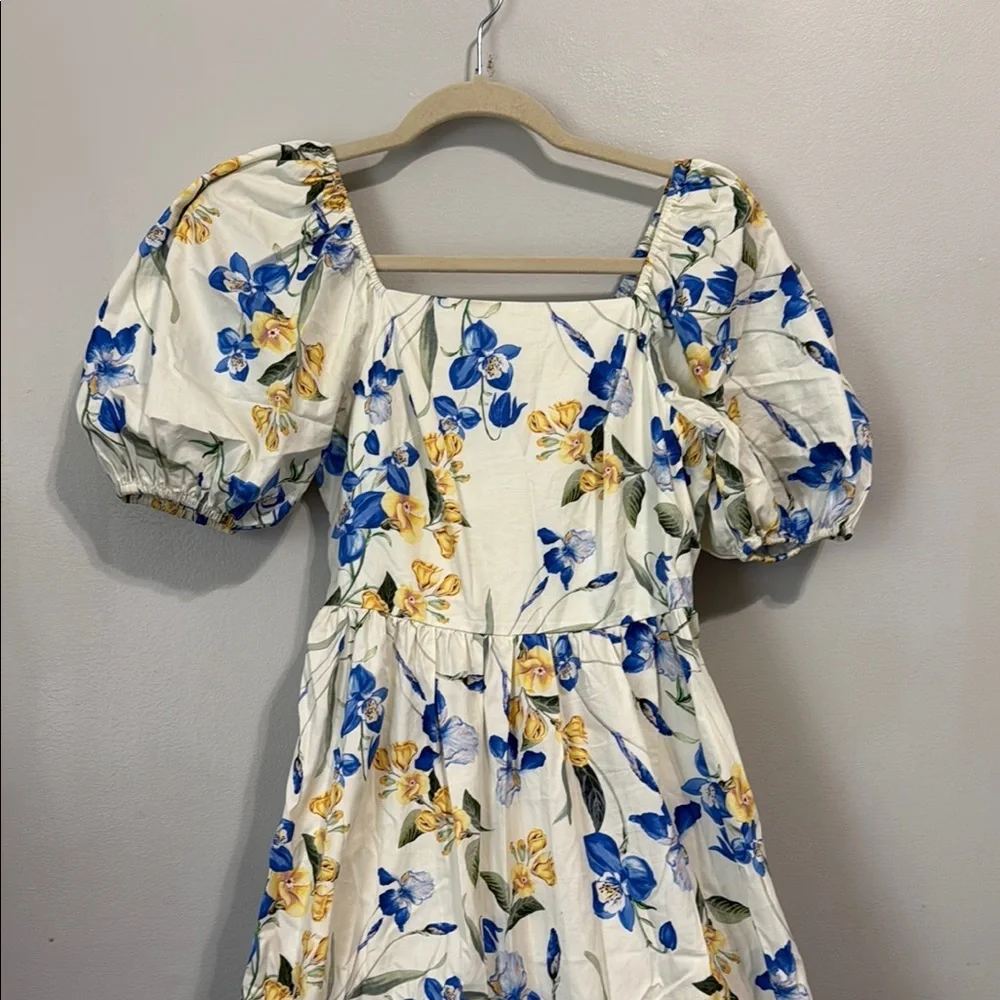 Floral Puff-Sleeve Maxi Dress - White with Blue & Yellow Blooms - Picture 2 of 9